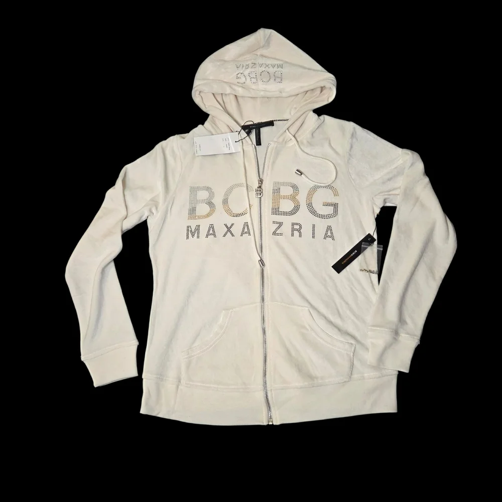 BCBGMaxAzria Ivory Rhinestone Logo Zip Hoodie - Picture 2 of 6